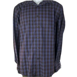 Egara Mens Large Button Up Non Iron Slim Fit Shirt Blue & Black Check Cotton LS